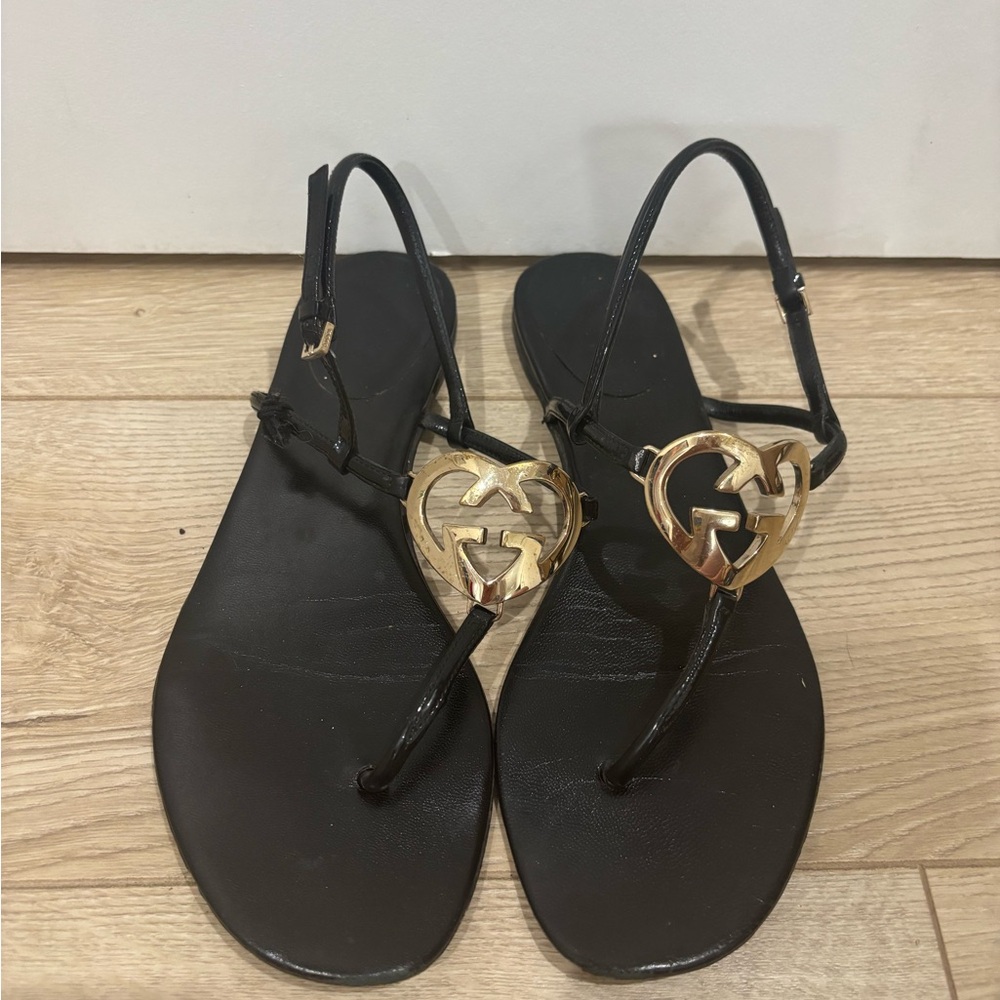 Gucci interlocking gold G logo sandal Black t leather straps - Picture 3 of 8
